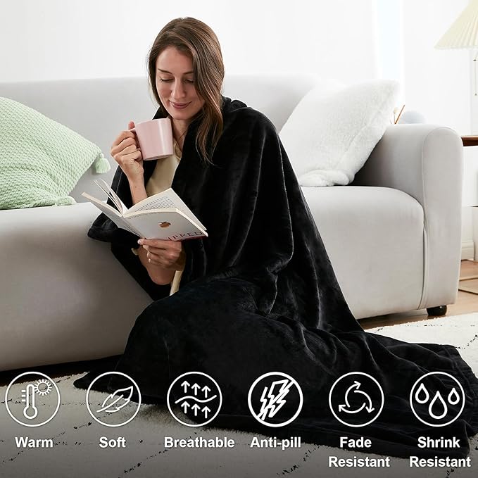 Hansleep Fleece Black Throw XL Blanket, Super Soft Flannel Fuzzy Plush Cozy Blanket for All Seasons, Black, Throw XL 50x70 Inches