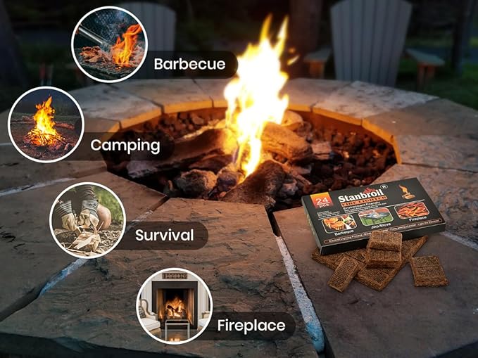 Stanbroil 24 pcs Fire Starters, Squares Natural Charcoal Fire Starters Super Fast Lighting Perfect for Barbecue Grills, Smokers, Wood Stove, Campfires and Outdoor Fireplaces