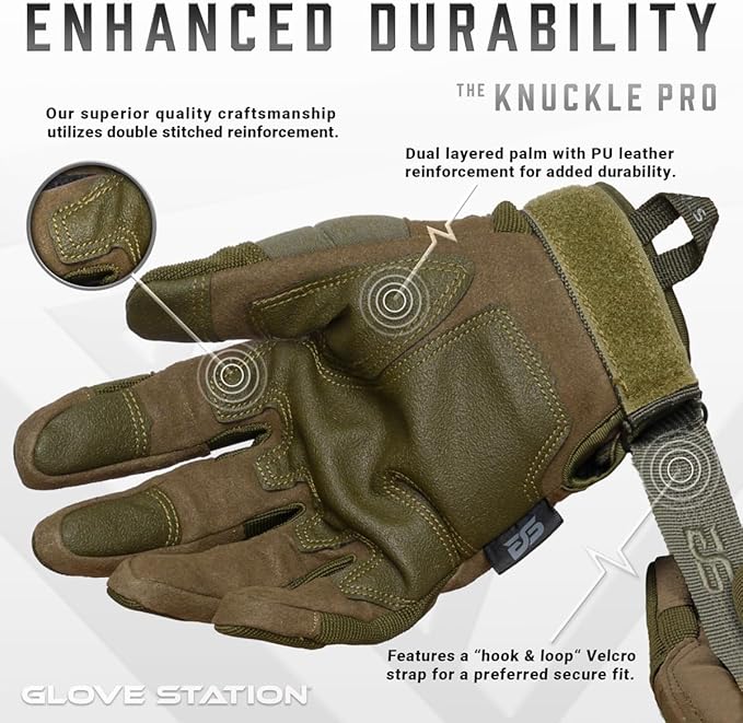 Glove Station Tactical Gloves for Men – Touchscreen Utility Gear with Hard Knuckle Protection Used in Motorcycle, Airsoft, Combat, Police, Shooting & Outdoor Work Green - Hard Knuckle Medium
