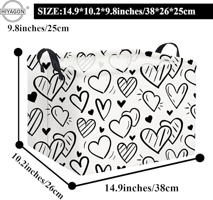 HIYAGON Rectangular Heart Basket Kids Baby Storage Bin Toy Basket Organizer Box for Girls Love Room Decor(Black Striped Heart)