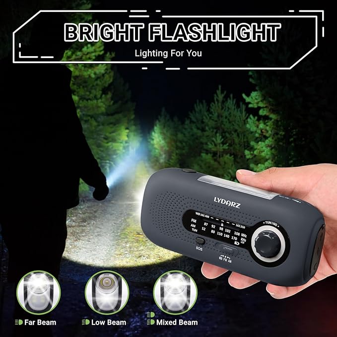 Emergency Crank Weather Radio, Solar Hand Crank Portable AM/FM/NOAA, 3 Mode Flashlight, SOS for Home and Outdoor (Black)