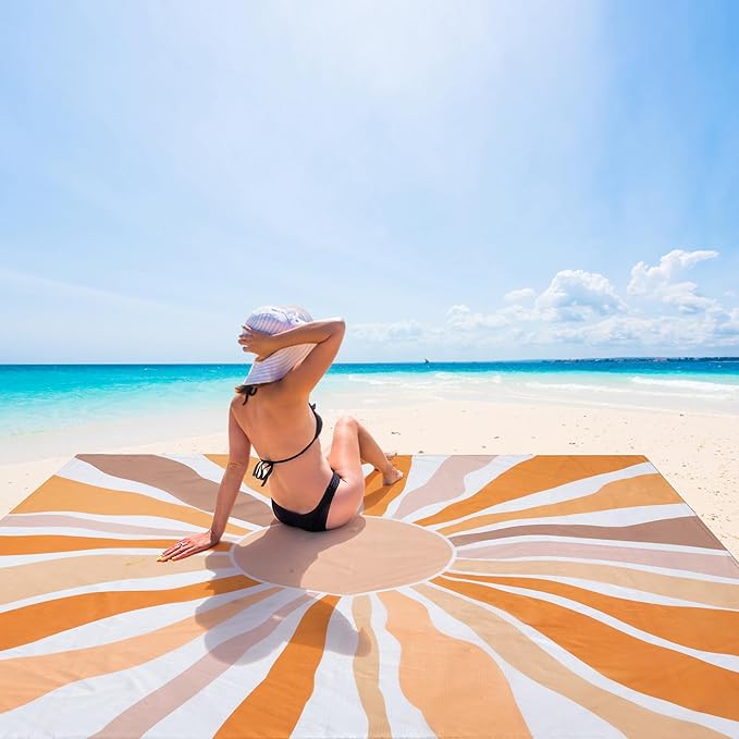 Beach Blanket Waterproof Sandproof, 10'X 9' Extra Large Oversized Beach Mat for 2-8 Adult, Quick Drying Lightweight Portable Polyester Picnic Blanket for Outdoor, Travel, Camping, Hiking-Boho Sun