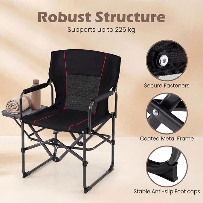 GYMAX Oversized Camping Directors Chair, Portable Folding Camping Chairs for Adults with Table, Heavy-Duty Lawn Chair for Fishing, Picnic, Sports, Beach, Outdoor, Supports 500LBS (Black)