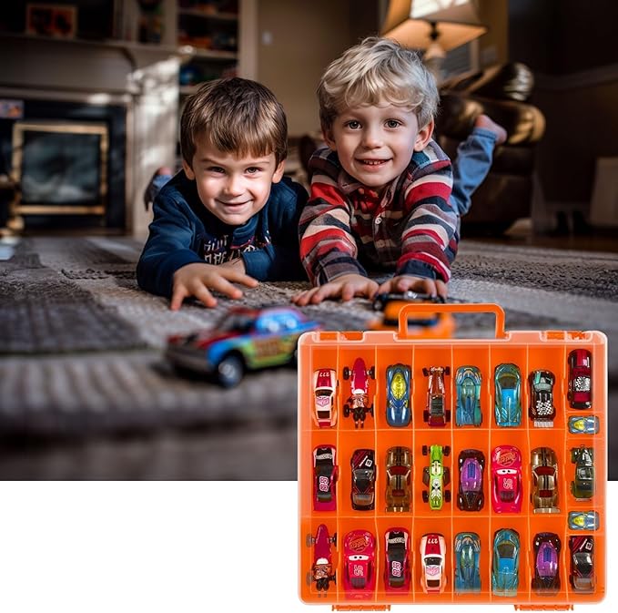 Toy Car Storage Organizer Case Compatible with Hot Wheels/for Matchbox Cars. Display Carrying Container Holder for LOL Surprise Dolls/for Shopkins with 48 Compartments Double Sided-Orange (Box Only)