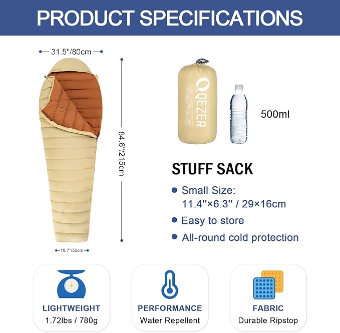 Ultralight Down Sleeping Bag for Adults with 600 Fill Power, Compact All Seasons Sleeping Bag for Backpacking, Hiking and Camping