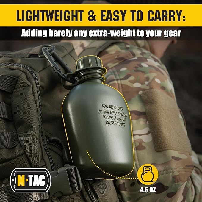 M-Tac Canteen Water Bottle - 1 Quart Water Canteen (34 Oz/1L) - Tactical Water Bottle for Military Hiking Camping Survival (Bottle & Cover Olive)