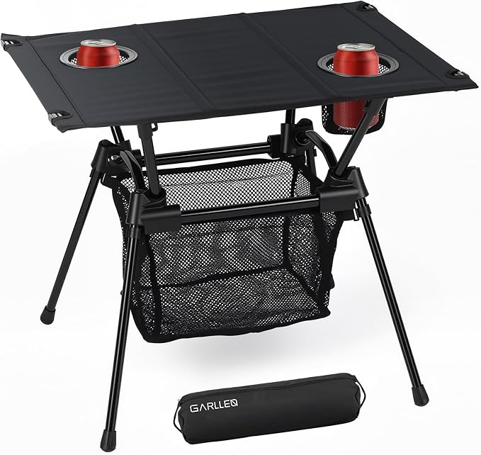 GARLLEN Folding Camping Table, Ultralight Compact Beach Table with Fabric Tabletop, Portable Folding Picnic Table with Cup Holder & Storage Net for Sand, Camping, Outdoor, 23.2“L x 15.7”W