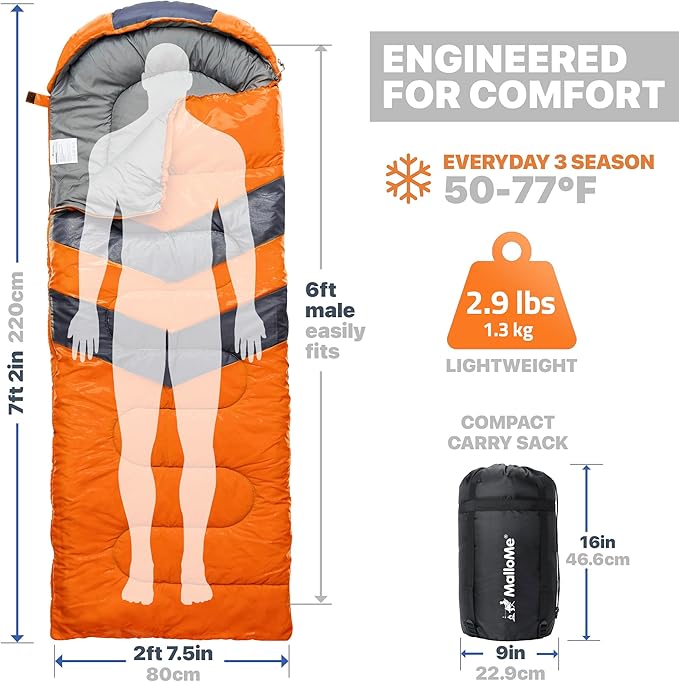 MalloMe Sleeping Bags for Adults Cold Weather & Warm - Backpacking Camping Sleeping Bag for Kids 10-12, Girls, Boys - Lightweight Compact Camping Essentials Gear Accessories Hiking Sleep Must Haves