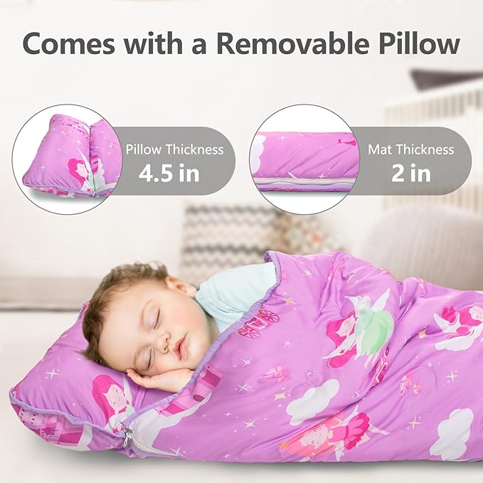 Primlect Toddler Nap Mat Extra Large Thickened 55''x35'', Soft Sleeping Bag with Detachable Minky Blanket and Pillow, Portable for Daycare, Preschool, Kindergarten, Travel, Boys and Girls
