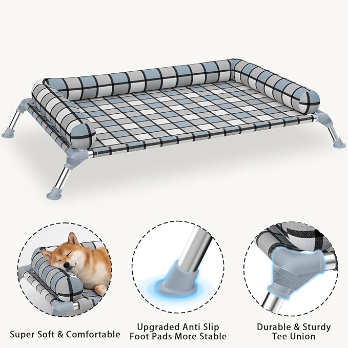 Elevated Pillow Bolster Dog Bed - Raised Dog Beds with Bolster Portable Lifted Washable Pet Cot Bed with Stainless Steel Frame Dogs Hammock Bed for Indoor & Outdoor (Bolster L)