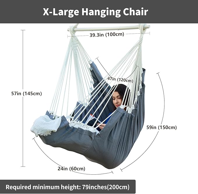 CHULIM Hanging Hammock Chair Swing MAX 500 lbs Outdoor Hanging Chair with Footrest Indoor Swing Chair with Portable Steel Spreader Bar and Hardware Kit for Bedroom Living Room Patio Porch - Dark Grey