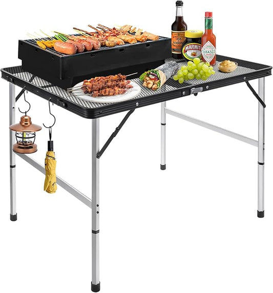 jkwokback 3ft x 2ft Grill Table Portable Camping Table, Waterproof Black Folding Table with Adjustable Height Camping Table,Folding Camp Table for BBQ,Camping, Outdoor Sports, Beaches and Picnics