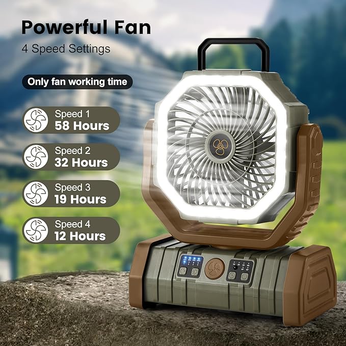 Odoland 30000mAh Camping Fan with LED Lantern, Rechargeable Battery Operated Oscillating with Remote Hook, Portable Tent Fan with Timer, 4 Speeds for Outdoor RV Jobsite Power Outage, Brown