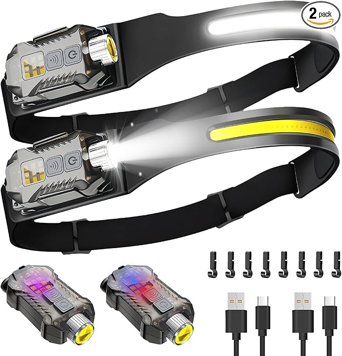 Victoper Rechargeable Headlamp 2Pack, Detachable 230° Wide Beam LED 2in1 Head Lamp with Motion Sensor, Hard Hat Head Light for Adults, 9 Modes Flashlight for Running Hunting Camping Essentials Gear