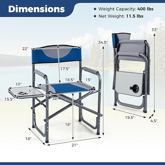 COSTWAY Folding Camping Chair, Lightweight Portable Directors Chair w/Side Table & Cup Holder, Padded Outdoor Heavy Duty Lawn Chair for Fishing, Picnic, Sports, Beach, Max Load 400 lbs (Blue,2)