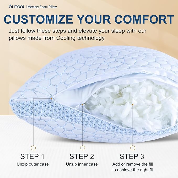 QUTOOL Enhanced Cooling Pillows for Sleeping, CertiPUR-US Shredded Memory Foam Pillows Standard Size Set of 1 for Hot Sleeper, Adjustable Pillow for Side, Back, Stomach Sleepers Support Yet Soft, Blue