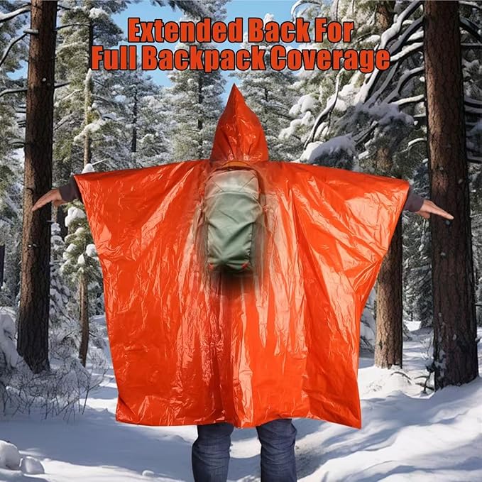 4-Pack Emergency Poncho Orange/Reflective Silver, Reversible Hood Windproof Rainwear with Thermal Mylar Heat Retention, Camping Kits Road Emergencies Storms & Hiking Essential (47” x 39”)