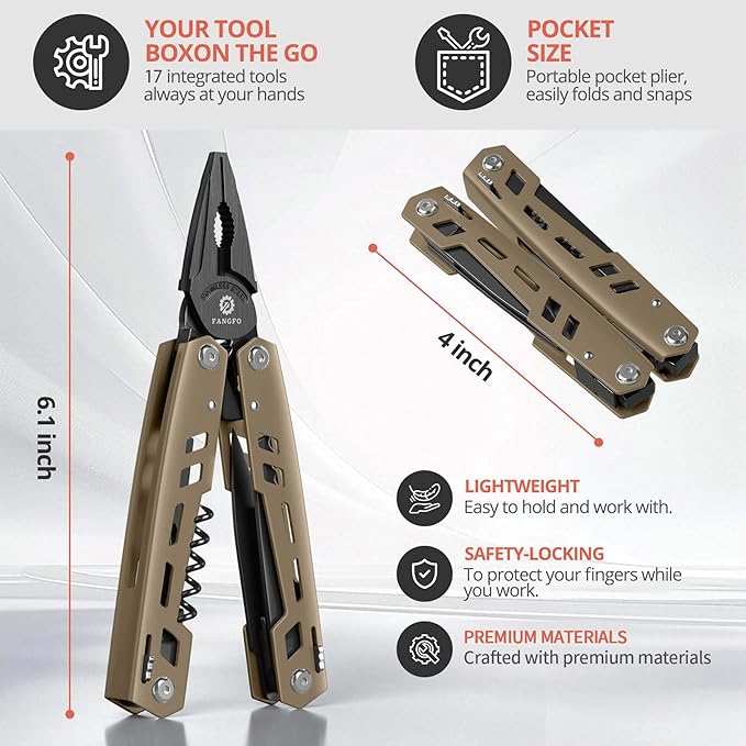 Multitool 17-in-1 Stainless Steel Multi Tool with Pocket Knife Needle Nose Pliers Bottle Opener Screwdriver Self-Locking Professional Multi-Tool for Outdoor Survival Gifts for Men(Brown)