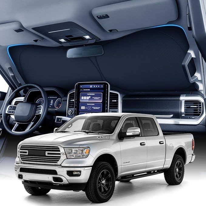 Zanch Custom Windshield Sun Shade for Dodge RAM 1500 2019-2026, 7-Layer Heavy-Duty UV & Heat Block Protection, 3D Laser Scanned Instant Cooling, Foldable Truck Accessories