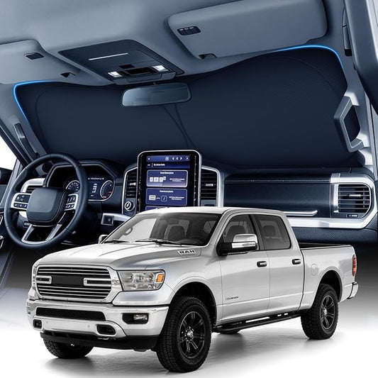 Zanch Custom Windshield Sun Shade for Dodge RAM 1500 2019-2026, 7-Layer Heavy-Duty UV & Heat Block Protection, 3D Laser Scanned Instant Cooling, Foldable Truck Accessories