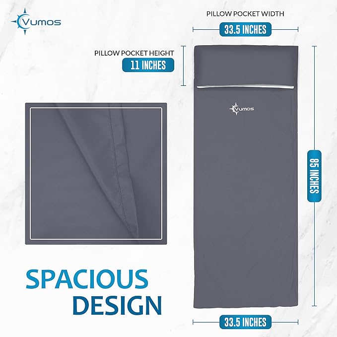 Sleeping Bag Liner Travel Sheet with Full-Length Zipper, Lightweight Silk-Like Polyester Camping Liner with Pillow Pocket, Compact Sleeping Bag Insert for Travel, Backpacking & Hostels