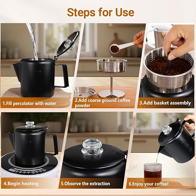 No Coating 9 Cup Percolator Coffee Pot 304 Stainless Steel Moka Pot Stovetop Espresso Maker Italian Greca Cuban Machine 1500ml 50.7oz Suitable for Gas Induction Stovetop Camping Kettle