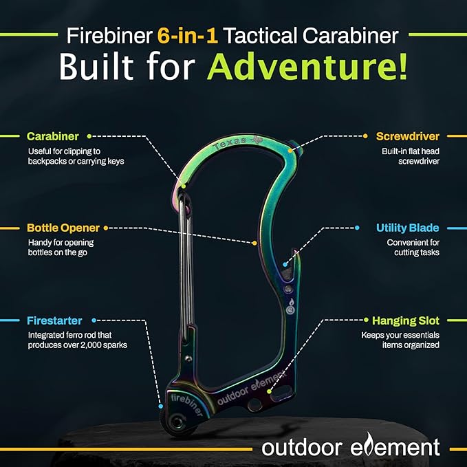 OUTDOOR ELEMENT Firebiner Custom Engraved 6-in-1 Fire Starter Carabiner Multitool – Survival Gear EDC Keychain with Utility Blade, Bottle Opener, Screwdriver, Emergency Tool
