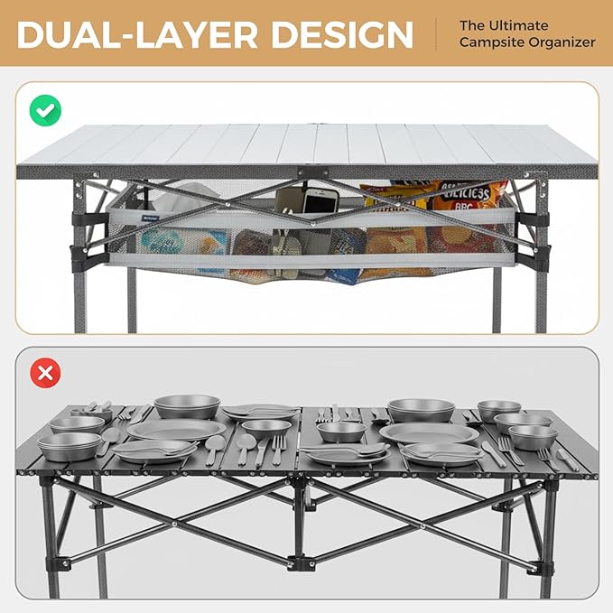 KingCamp Folding Camping Table, Aluminum Roll-Up Camp Table, Large Foldable Table for 4-6 Person, Outdoor Portable Tables with Carry Bag, 180 LBS Heavy Duty Load (Silver+Mesh：53.5" × 27.5")