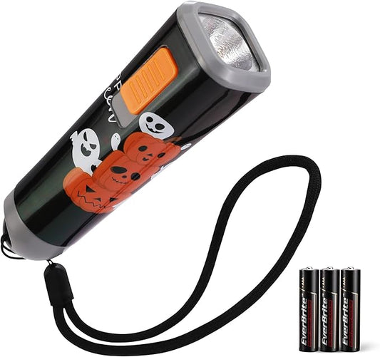 EverBrite Halloween Flashlights Halloween Gifts, Small LED Flash Light Handheld Torch with Lanyard 3AAA Battery Included, 1 Pack-Black
