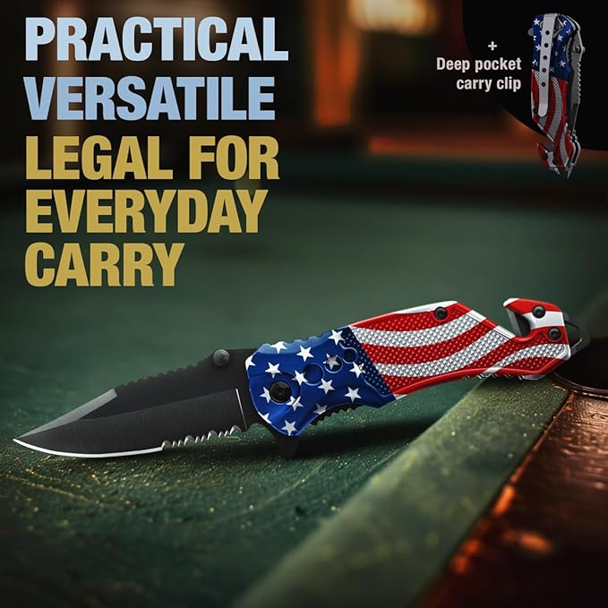 GOOD WORKER Legal Pocket Knife with 2.95” Serrated Blade, Glass Breaker, Seat Belt Cutter - EDC Sharp Folding Knives with Portable Clip - Small Tool for Tactical Camping Survival Hiking - Gifts for Men, Women