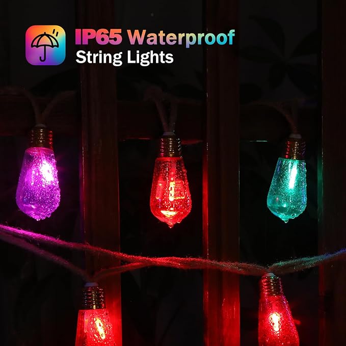 (New) Outdoor String Lights, LED Patio Lights, 24FT Waterproof Shatterproof Fairy Lights, 8 Modes Colorful Hemp Rope String Lights for Garden, Yard, Party, Christmas Decor