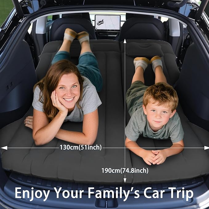 Car Air Mattress - Inflatable Camping Bed Compatible with Tesla Model Y, Thickened Flocked AirBed for Trunk/Backseat/Sedan/SUV/RV, Sleeping Pad with Pump and 2 Pillows for Camping Travel Outdoor Black