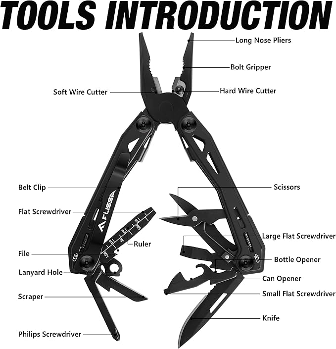 FLISSA 16-in-1 Stainless Steel Multi Tool, Gifts for Men, EDC Multitool with Pocket Knife, Pliers, Belt Clip and Oxford Sheath, Self-locking Utility Multi-Tool for Camping Survival Outdoor