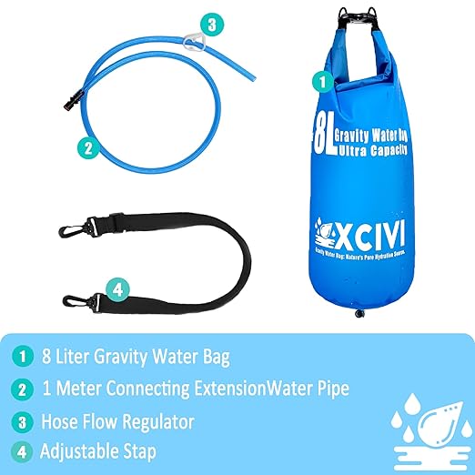 xcivi 8L Gravity Water Bag Compatible with Membrane Solutions Straw and Other Water Filter Straw, 8L Water Bag for Camping, Traveling, Backpacking, Hiking, Foldable & Hangable 2 Gal Bag