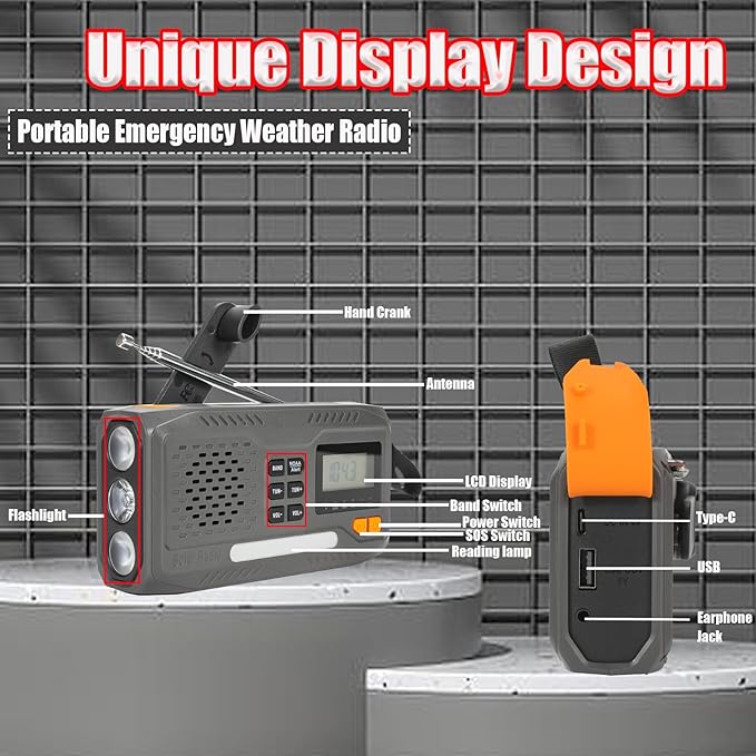 Emergency Hand Crank Radio, 7400mWh Solar Weather Radio with AM/FM/NOAA, Battery Powered Radio with Cell Phone Charger, Digital Display, Flashlight, Headphone Jack & SOS Alarm for Outdoor/Survival
