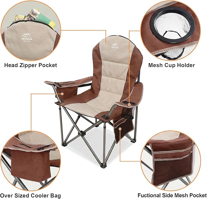 Camping Chairs for Adults,High Back Folding Camp Chair with Cup Holder and Cooler Bag,Heavy Duty Outdoor Lawn Chairs,Perfect for Camping,Hiking,Picnics,and Beach Trips,Moca