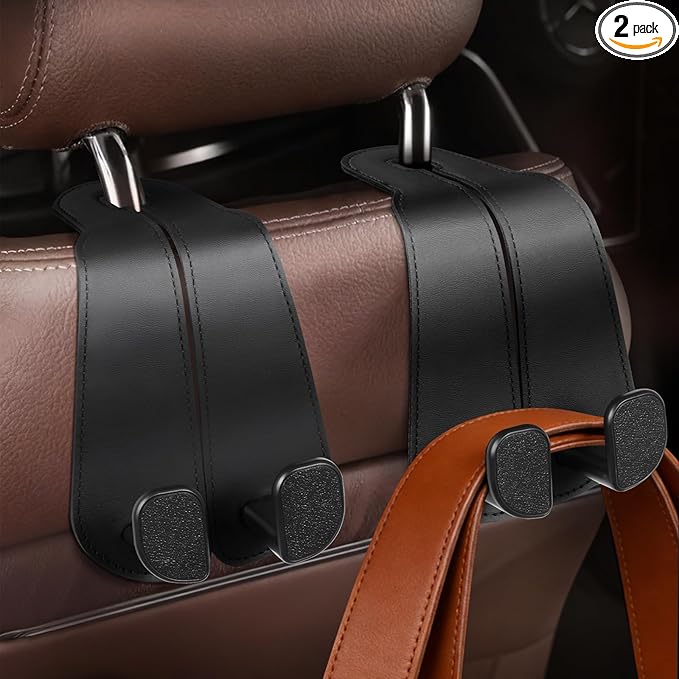 CoBak Extra Wide Car Seat Back Hooks, Premium Stitched Leather Headrest Hangers with Wide Slot Structure, Universal for Any-Width Purses, Handbags, Bags (2 Pack),Black
