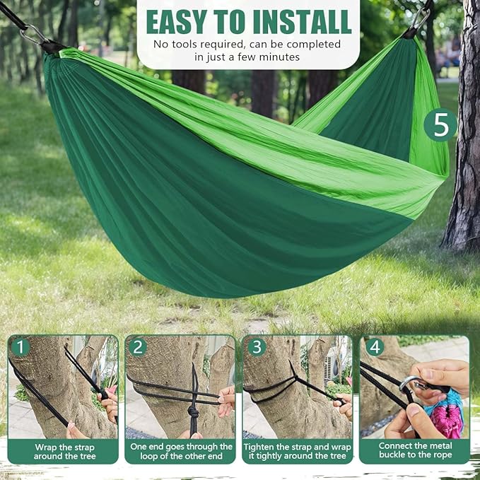 OBTANIM Camping Hammock 500lbs Portable Lightweight Single or Double Hammock with Tree Straps and Carry Bag for Camping Backpacking Hiking Travel Beach Outdoor Indoor (Green and Dark Green)