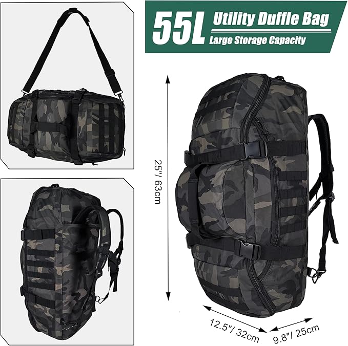 Hannibal Tactical 55L Large Duffle Bag, 3-in-1 Tactical Backpack MOLLE Pack for Gym, Sports, Outdoor, Black Camo