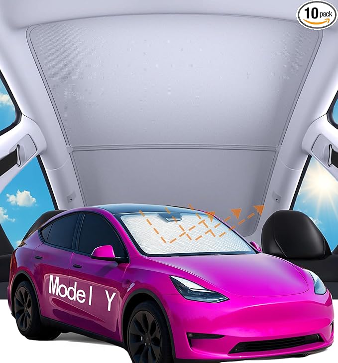 10PCS Sunshade Roof & Full Windshield Side Window for 2025-2026 Tesla Model Y Juniper, Heat Insulation Foldable Sun Shade Cover Camping Privacy Accessories with Storage Bag