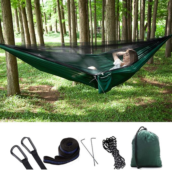 Camping Hammock, Double & Single Portable Hammock with Tree Straps, Lightweight Nylon Hammock Swing Set with Net and Rain Fly Tarp and Pocket for Backpacking Hiking Travel Outdoor(Green+Green)