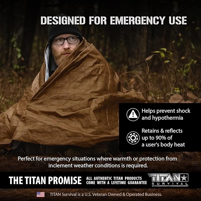 TITAN Survival Premium Mylar Survival Blankets (5 Pack) Thermal Emergency Survival Blanket for Camping, Hunting, Hiking - 90% Heat Retention & Waterproof - Portable Space Blanket w/Size Options