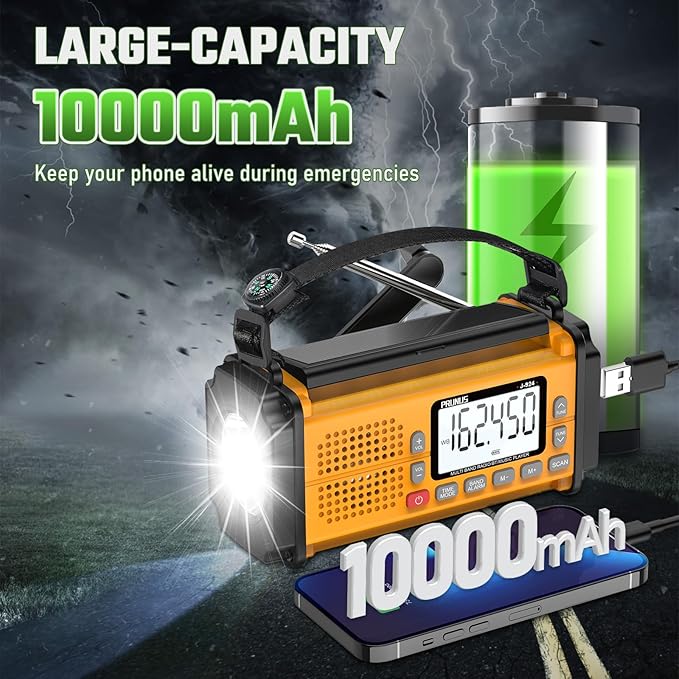 PRUNUS J-924 10000mAh/37000mWh Hand Crank Radio, AAA Batteries Powered Emergency Radio Solar, NOAA Weather Radio AM/FM/SW, USB Charging, Torch& Reading Light, SOS Alarm, Power Bank