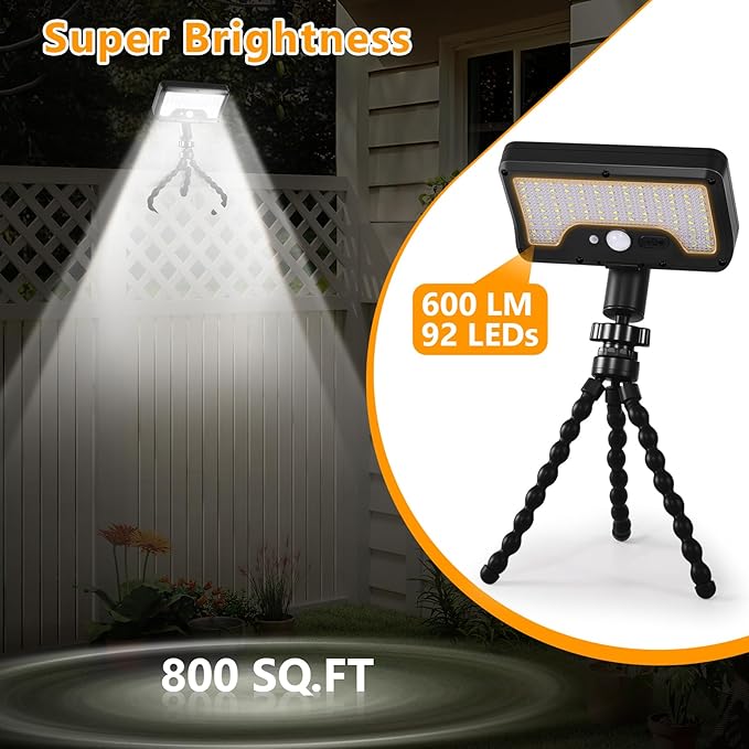 Solar Motion Lights Outdoor with Flexible Octopus Tripod, USB & Solar Powered Motion Sensor Lights with 92 LEDs, IP65 Waterproof Motion Activated Light for Fence, Camping (1 Pack, Cool White)