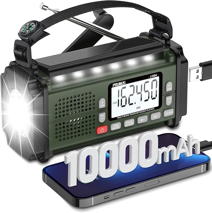 PRUNUS J-924 Storm-Ready 10000mAh/37000mWh Hand Crank Radio, AAA Batteries Powered Emergency Radio Solar, NOAA Weather Radio AM/FM/SW, USB Charging, Torch& Reading Light, SOS Alarm, Power Bank
