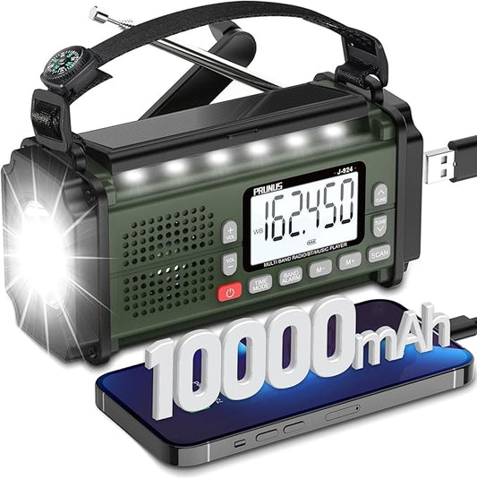 PRUNUS J-924 Storm-Ready 10000mAh/37000mWh Hand Crank Radio, AAA Batteries Powered Emergency Radio Solar, NOAA Weather Radio AM/FM/SW, USB Charging, Torch& Reading Light, SOS Alarm, Power Bank