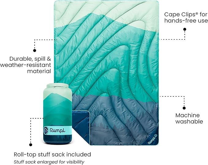 Rumpl Original Puffy Compact Throw Blanket for Camping and Outdoors, Seascape Ridge Mountains