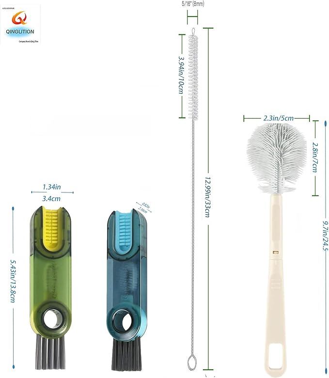 4-Pack Water Bottle Brush Set,9.5'Long Handle Silicone Water Bottle Cleaning Brush,2 Straw Brushes,2(3-in-1) Cup lid Cleaner Brushes for Water Bottles,Baby Bottles,Straw Brushes White(Blue-Black)