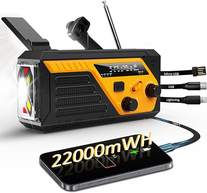 Emergency Radio with 4 Charging Cables, 22000mWh AM FM NOAA Weather Radio, Flashlight, Reading Lamp, SOS Alarm, Hand Crank Radio Phone Charger for Home Outdoor Emergencies.