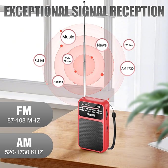 PRUNUS J-555 Pocket Radio AM FM USB-C Charging& Battery Operated, Excellent Reception& Clear Speaker and Headphone Jack, Back Clip, Flashlight, Transistor Radios, Portable Radio AM FM, Mini Radios